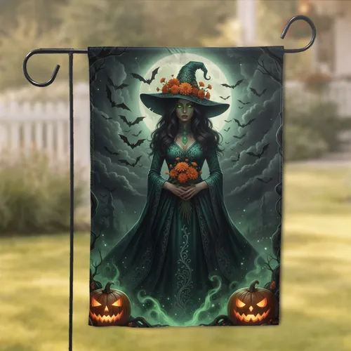 Mystical Witch Jack-O-Lanterns Bats Full Moon Halloween Decor Gift Garden Flag