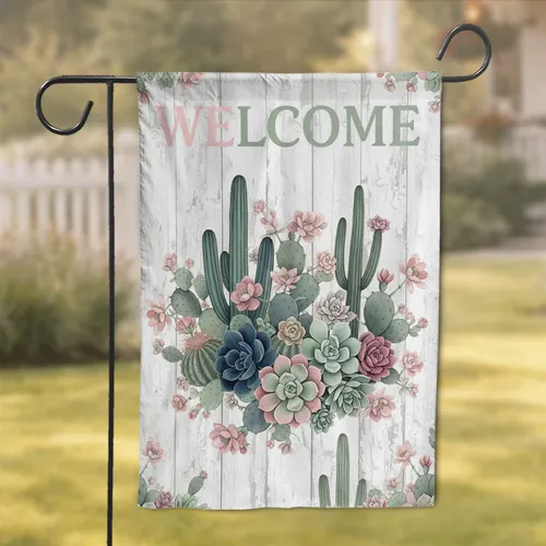 Desert Succulent Cacti Welcome Distressed Wood - Farmhouse Home Decor Gift Garden Flag