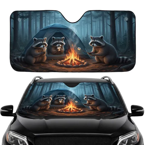 Raccoons Campfire Forest - Road Trip Commute Accessory Car Sunshade