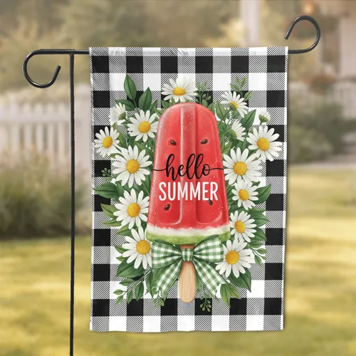 Watermelon Popsicle 'hello SUMMER' Daisies & Gingham Bow - Summertime Home Decor Gift Garden Flag