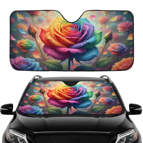 Rainbow Rose Water Droplets Glowing Botanical Field Road Trip Commute Car Sunshade