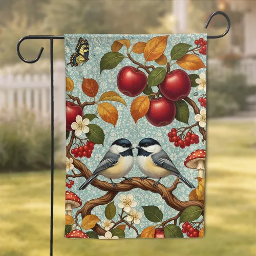 Chickadee Birds Apple Tree Autumn Foliage Berries Mushrooms Wildlife Lover Gift Garden Flag