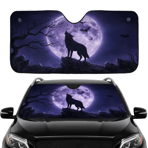 Lone Wolf Howling Moon Bats - Road Trip Accessory for Wildlife Lover Gift Car Sunshade
