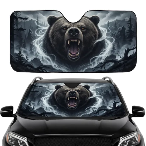 Formidable Roaring Grizzly Bear Head Deep Shadowed Wilderness - Wildlife Lover Gift Car Sunshade