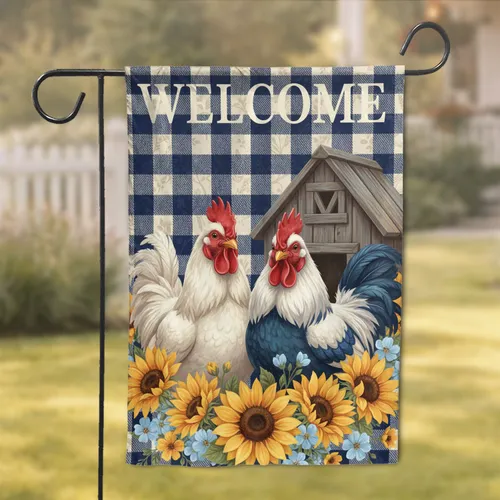 Welcome Hen Rooster Sunflowers Gingham Plaid - Farmhouse Decor Gift Garden Flag