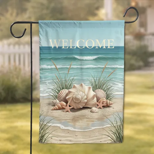 WELCOME Large Seashells Starfish Wet Sand Dune Grass Ocean Beach Scene - Coastal Home Decor Gift Garden Flag