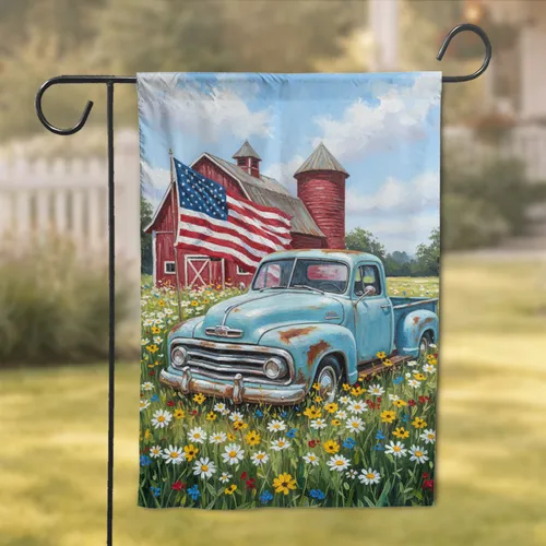 Weathered Blue Pickup Truck American Flag Barn - Independence Day Home Decor Gift Garden Flag