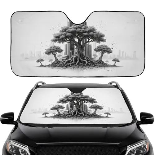 Stark Black White Ancient Trees Modern Cityscape - Auto Interior Upgrade Car Sunshade
