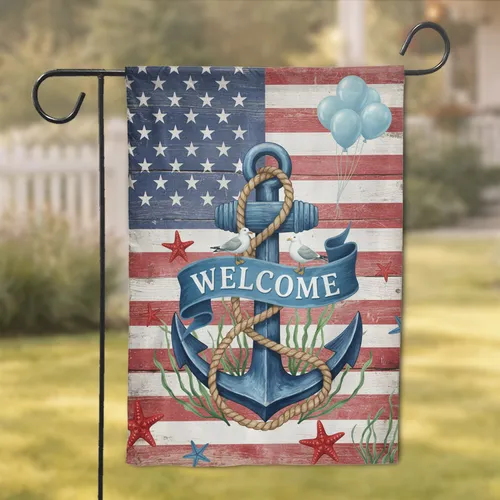 Welcome Anchor Seagull Starfish Distressed American Flag - Rustic Nautical Home Decor Gift Garden Flag