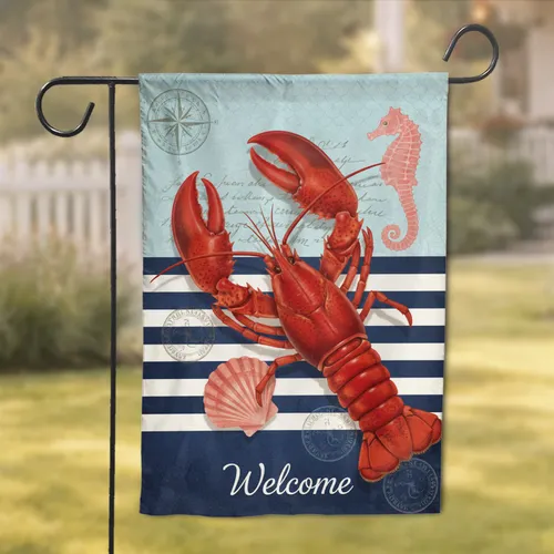 Lobster Seahorse Scallop Shell Welcome - Nautical Home Decor Marine Lover Gift Garden Flag