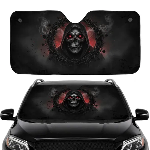Menacing Grim Reaper Skull Barbed Wire Wreath Dark Flowers - Car Interior Upgrade Car Sunshade