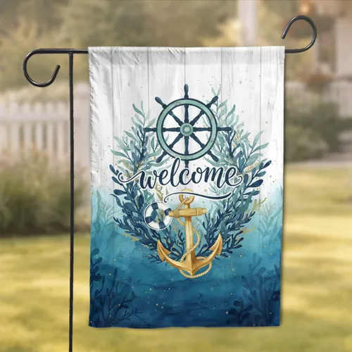 Rustic Wooden Planks Nautical Welcome Ship's Wheel Anchor Marine Home Decor Gift Garden Flag