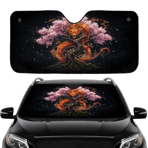Fiery Dragon Cherry Blossom Tree Night Sky - Car Interior Upgrade Car Sunshade