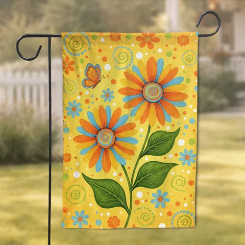 Orange Yellow Blue Daisy Flowers Butterfly Greenery - Everyday Spring Decor Garden Flag