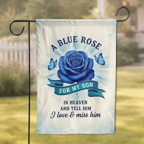 Royal Blue Rose Sunburst Butterflies 'For My Son In Heaven' - Remembrance Gift for Son Garden Flag