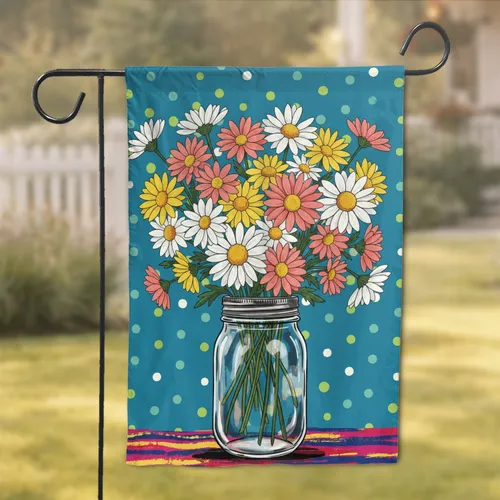 Vibrant Daisy Bouquet Mason Jar Polka Dots - Everyday Home Decor Gift Garden Flag