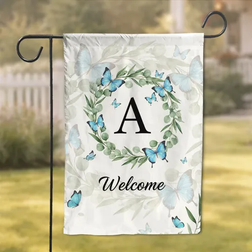 Monogram Custom Letter Welcome Eucalyptus Olive Wreath Blue Butterfly Home Decor Garden Flag