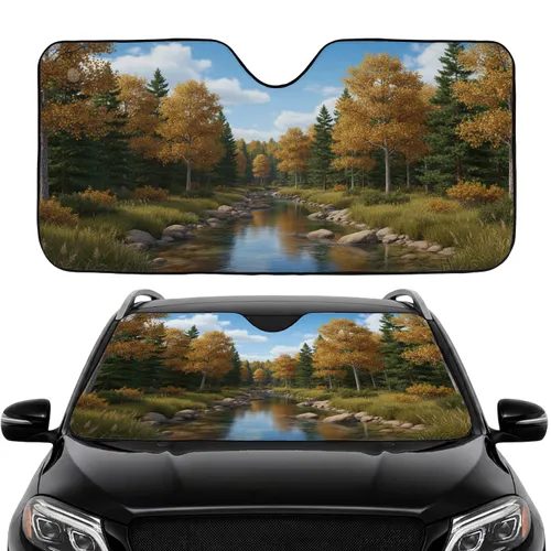 Meandering River Smooth Rocks Forest Foliage Clouds Road Trip Gift Car Sunshade