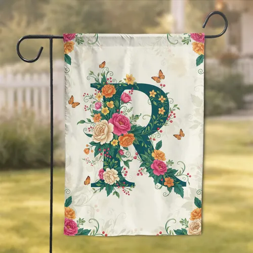 Bold Ornate Custom Letter Blooming Flowers Foliage Butterflies Berries - Home Decor Gift Garden Flag