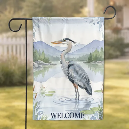 Great Blue Heron Wetland Welcome - Lake Mountain Home Decor for Bird Lovers Garden Flag
