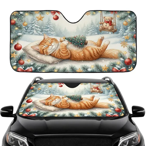 Sleeping Ginger Cat Christmas Tree Bear Snowman - Christmas Travel Accessory Car Sunshade