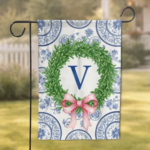 Botanical Boxwood Wreath Cobalt Custom Letter Pink Ribbon Chinoiserie Floral - Home Decor Gift Garden Flag