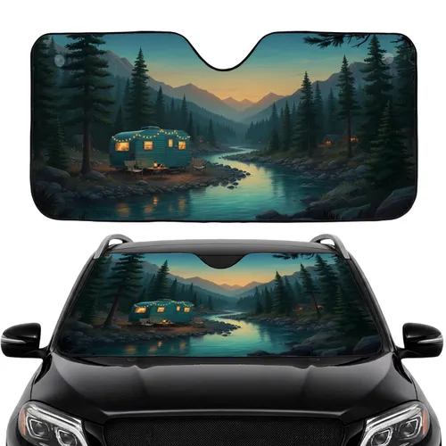 Vintage Teal Camper River Mountain Camp Travel Gift Car Sunshade