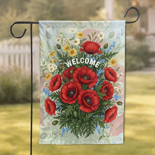 Lush Botanical Red Poppies Yellow Daisies Blue Flowers Garden Welcome - Outdoor Decor Gift Garden Flag