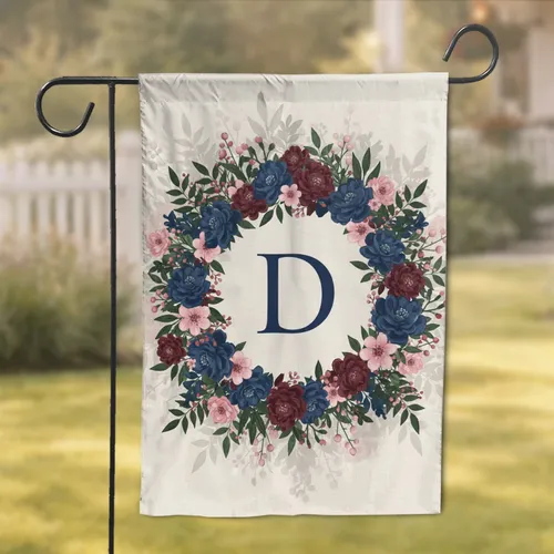 Serif Letter Custom Floral Wreath Blossoms Foliage Berries Home Decor Gift Garden Flag