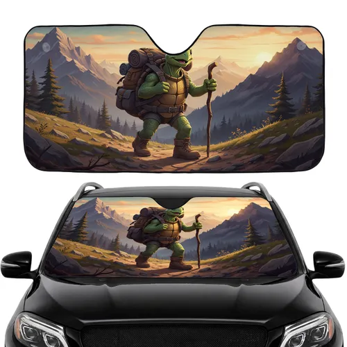 Seasoned Hiker Turtle Winding Path Rugged Mountain Range - Road Trip Gift Car Sunshade