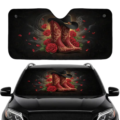 Ornate Red Cowboy Boots Black Hat Roses Gold Filigree - Car Interior Upgrade Car Sunshade