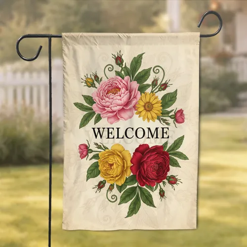 Vintage Botanical Peony Rose Daisy Welcome Floral Cluster - Home Decor Gift Garden Flag