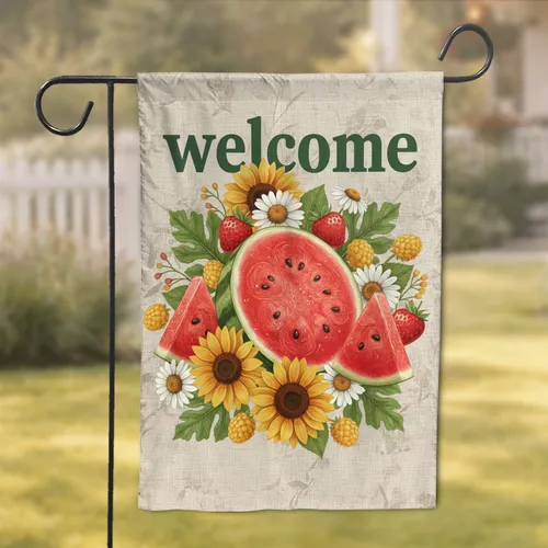 Watermelon Welcome Sunflowers Strawberries - Summer Harvest Home Decor Garden Flag