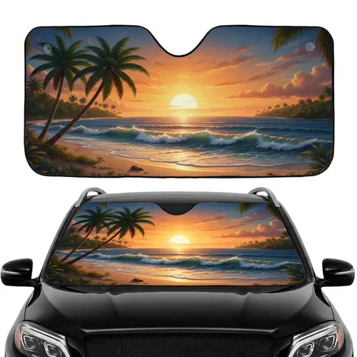 Golden Sunset Tropical Beach Ocean Waves Palm Trees Distant Island Road Trip Gift for Drivers Car Sunshade
