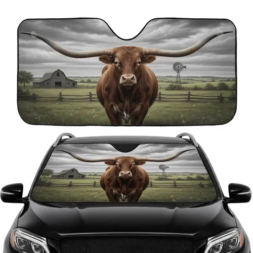 Texas Longhorn Bull Barn Windmill Fields - Car Interior Upgrade Farm Lover Gift Car Sunshade