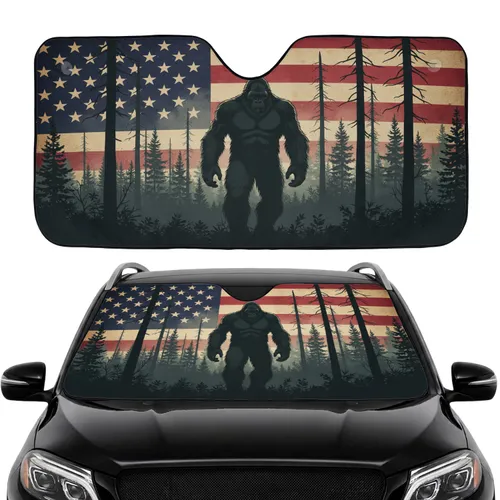 Mysterious Bigfoot Forest Weathered American Flag - Road Trip Essentials Car Sunshade