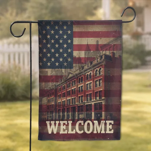 WELCOME Vintage American Flag Urban Buildings - Patriotic Home Decor Gift Garden Flag