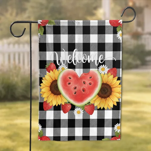 Welcome Watermelon Sunflower Strawberry Daisy Plaid Farmhouse Decor Gift Garden Flag