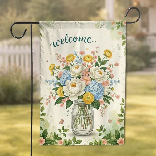 Welcome Script Peony Buttercup Hydrangea Bouquet Mason Jar - Everyday Home Decor Garden Flag