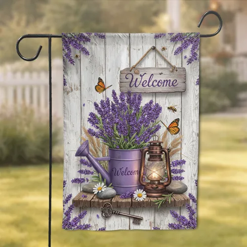 Rustic Watering Can Lavender Welcome Sign Butterfly - Farmhouse Decor Gift Garden Flag