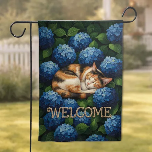 Sleeping Calico Cat Blue Hydrangea Welcome Sign - Garden Decor Gift for Cat Lovers Garden Flag