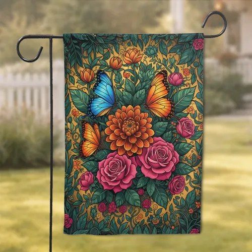 Brilliant Blue Orange Butterflies Deep Orange Dahlia Lush Pink Roses Home Decor Gift Garden Flag