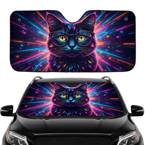 Black Cat Neon Fur Eyeglasses Cosmic Stardust - Car Interior Upgrade Car Sunshade