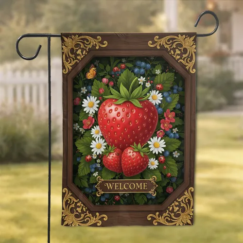 Vibrant Red Heart Strawberry Ladybug Daisy Welcome Banner - Home Decor Gift Garden Flag