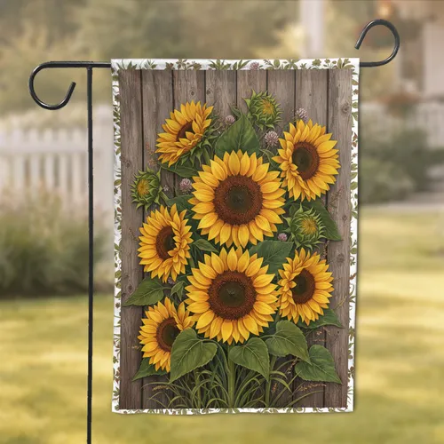 Large Golden Sunflowers Green Leaves Textured Rustic Wooden Wall - Farmhouse Home Decor Gift Garden Flag