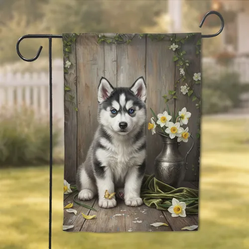 Husky Puppy Golden Butterfly Daffodil - Dog Lover Home Decor Gift Garden Flag