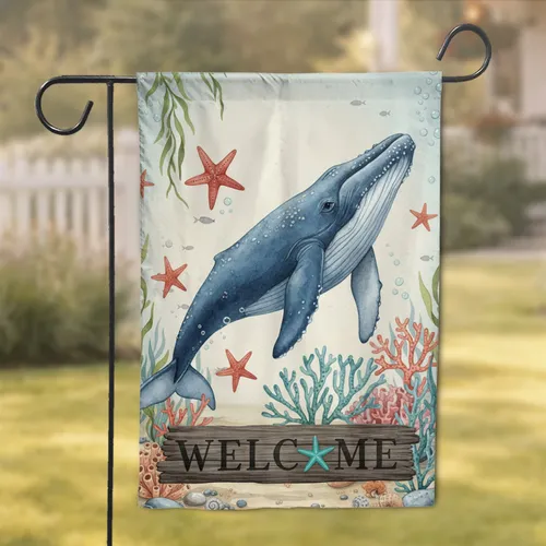 Majestic Blue Humpback Whale Starfish Coral Welcome Sign - Ocean Home Decor Gift Garden Flag