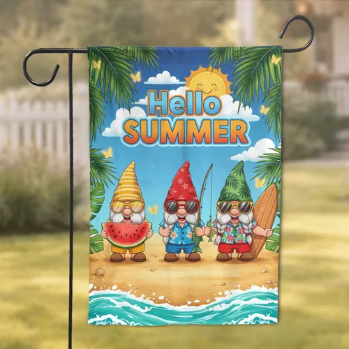 Gnomes Beach Tropical Foliage Ocean Waves Hello Summer - Summer Home Decor Gift Garden Flag