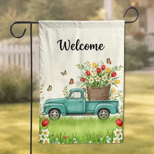Welcome Vintage Teal Pickup Truck Spring Flowers Butterflies - Farmhouse Home Decor Gift Garden Flag