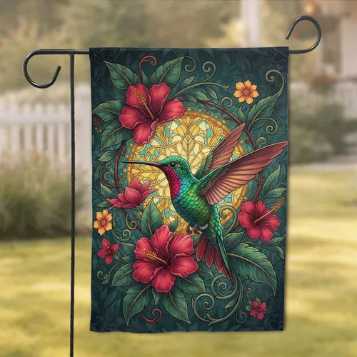 Emerald Green Hummingbird Ruby Red Floral Stained Glass - Bird Lover Home Decor Gift Garden Flag